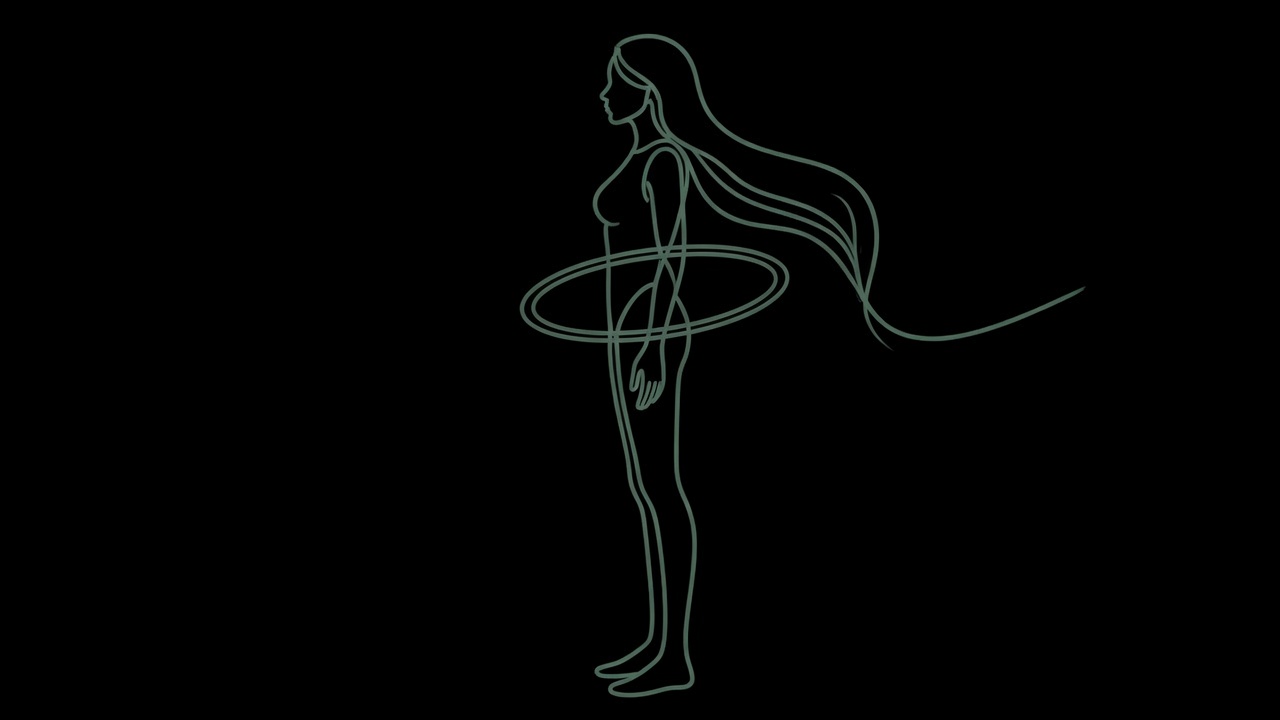 Her side profile continuous line art — adult · sage on black · bust visible